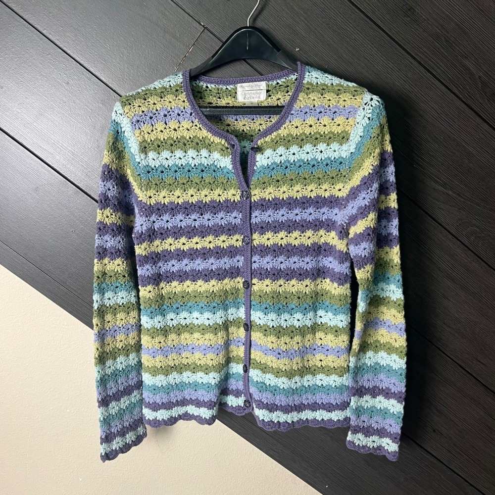 Christopher & Banks Floral Stitch Crochet Cardigan Sweater Womens Medium Y2K